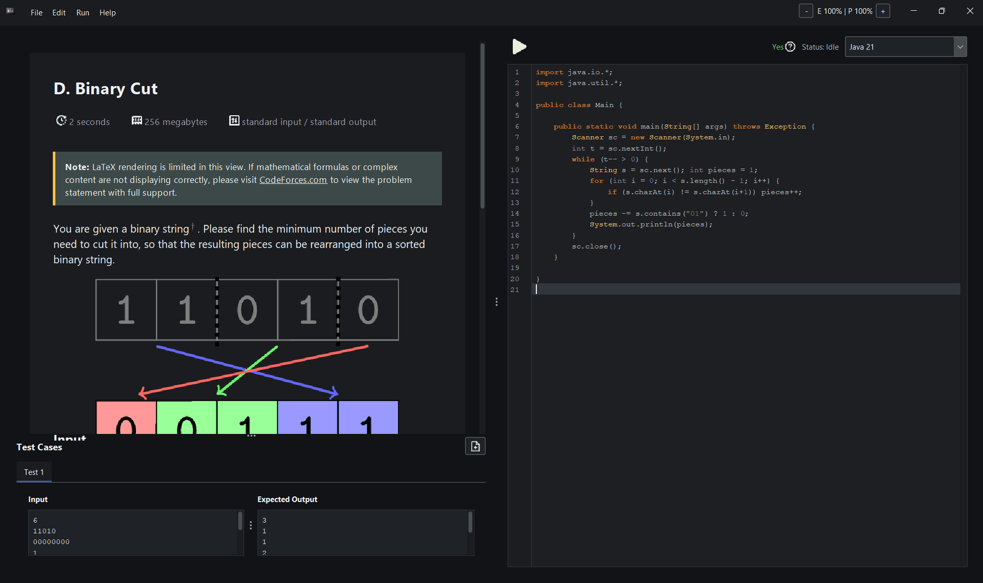 CP Ally IDE showing a CodeForces problem statement on the left and the code editor on the right